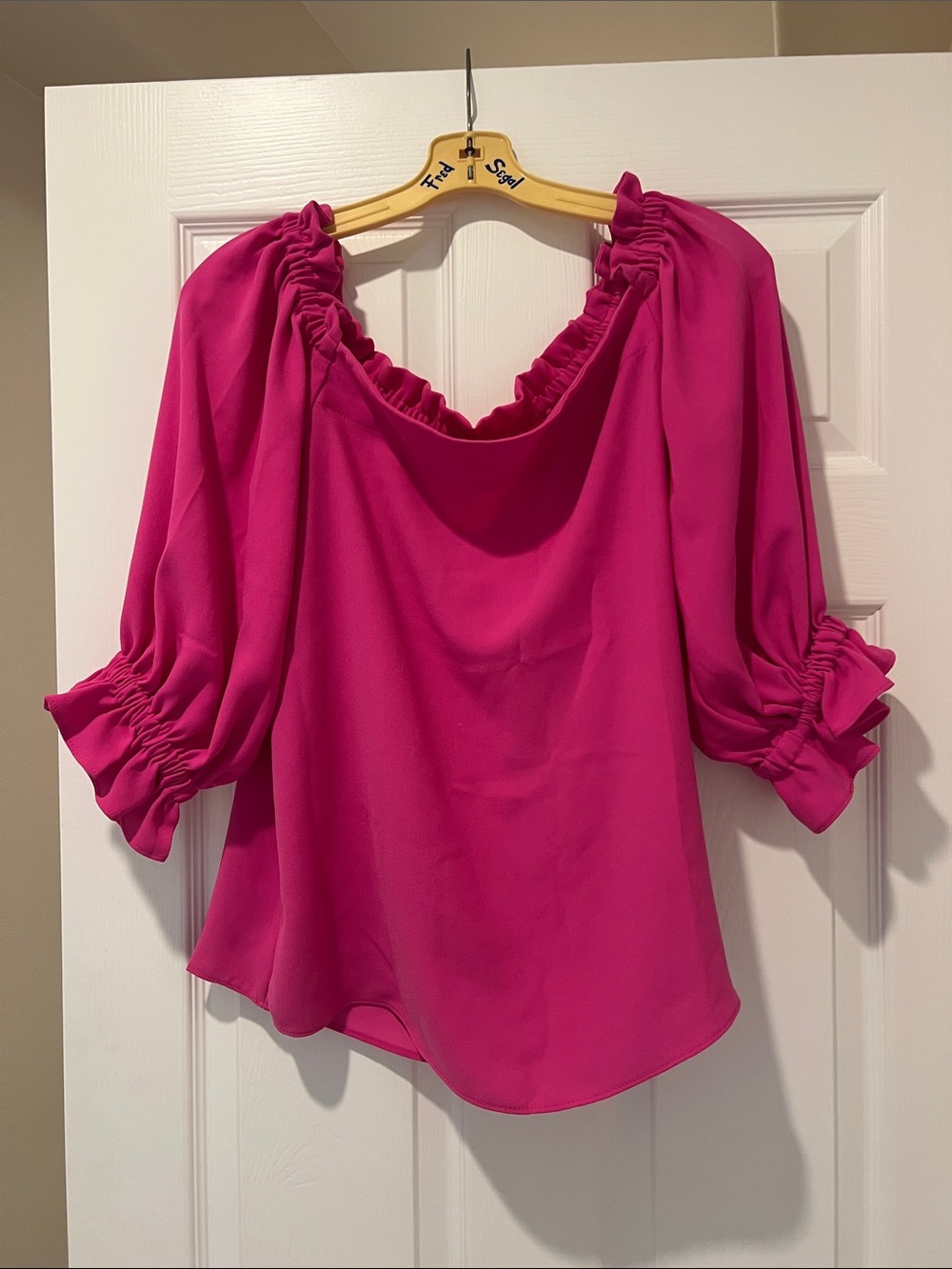 Trina Turk Hot Pink Off-Shoulder Puff Sleeve Blouse